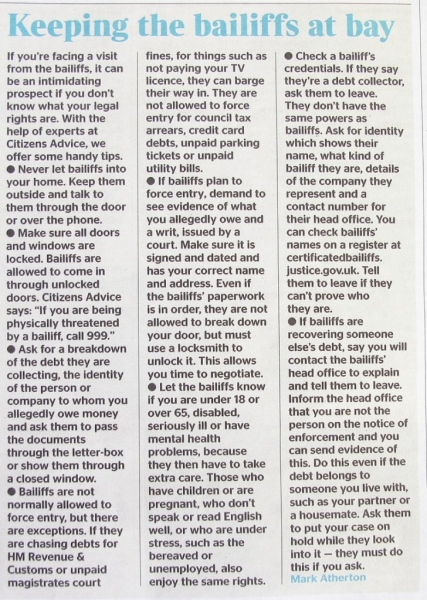 Advice on dealing with bailiffs, The Times, 5 May 2018