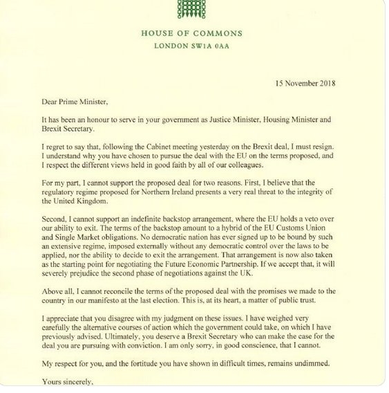 Raab resignation letter 15th Nov 2018