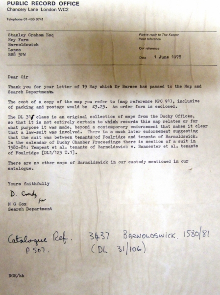 Letter re 1580 Whitemoor map
