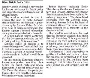 Labour Party to back 2nd EU Referendum (The Times, 19/06/19)