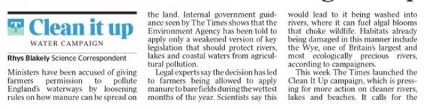 A clip from The Times on river pollution due to farm run-off
