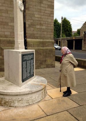 Colne war memorial and 100 year old woman