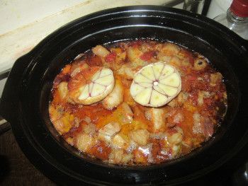 Garlic softening up in a stew.